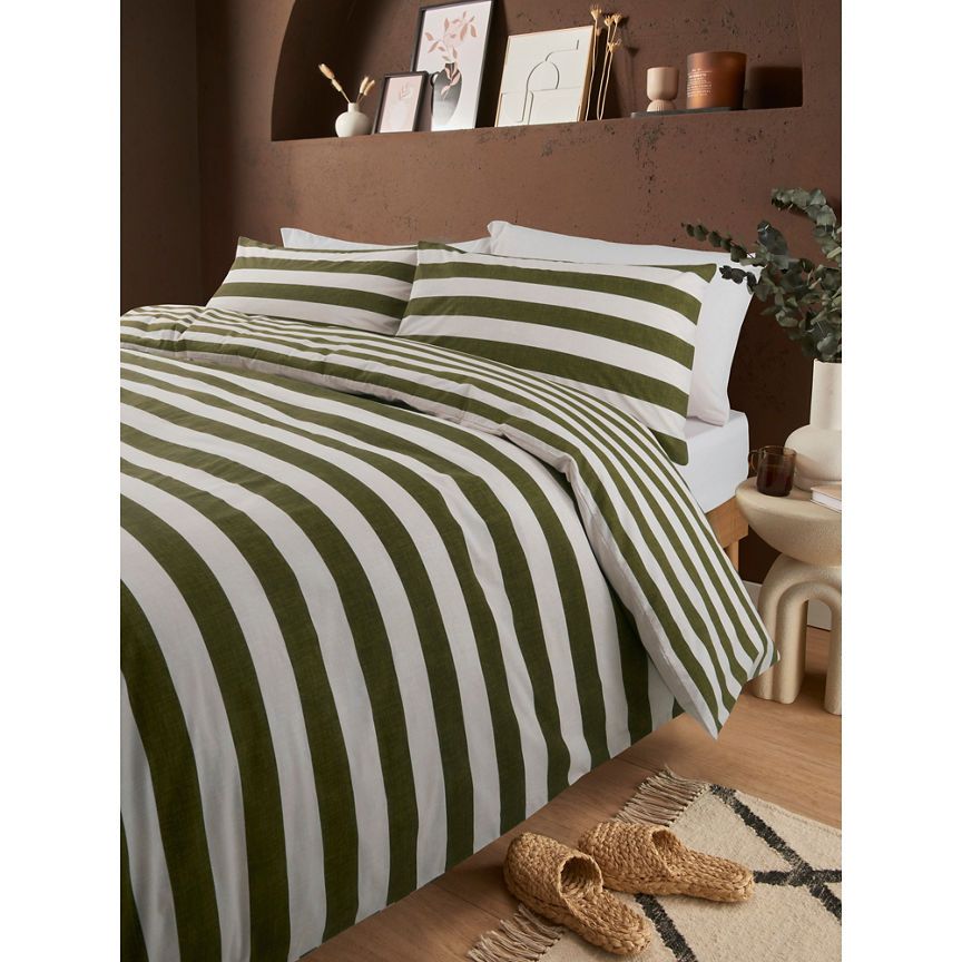 George Home Green &amp;amp; White Humbug Stripe Reversible Duvet Set - Double