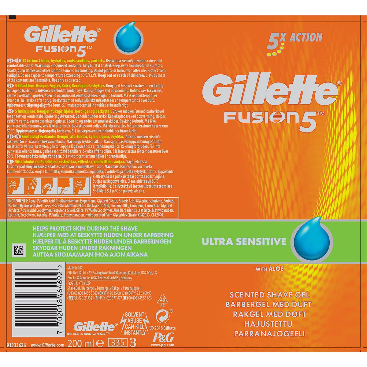 Gillette Fusion5 Ultra Sensitive Men's Shaving Gel, 6 x 200ml