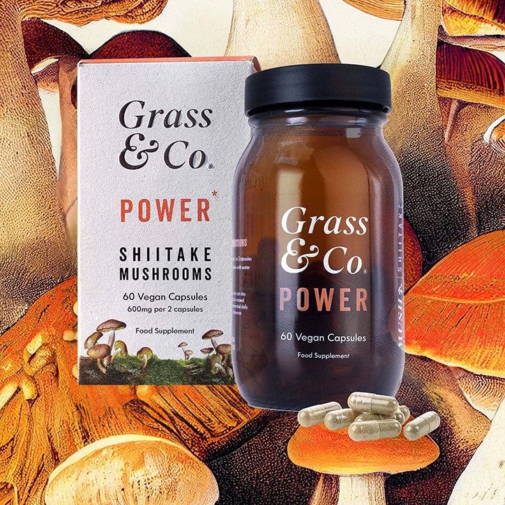 Grass &amp;amp; Co. POWER Shiitake Mushrooms with Holy Basil + Iron 60 Vegan Capsules