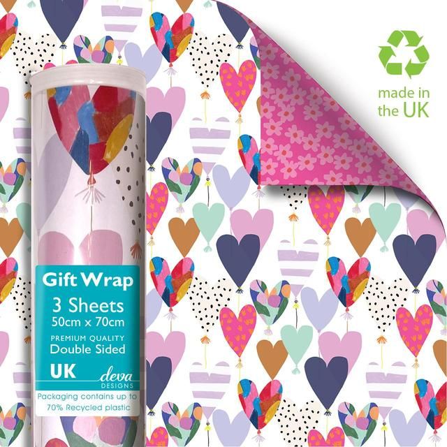 Hearts Double Sided Gift Wrap Sheets   3 per pack