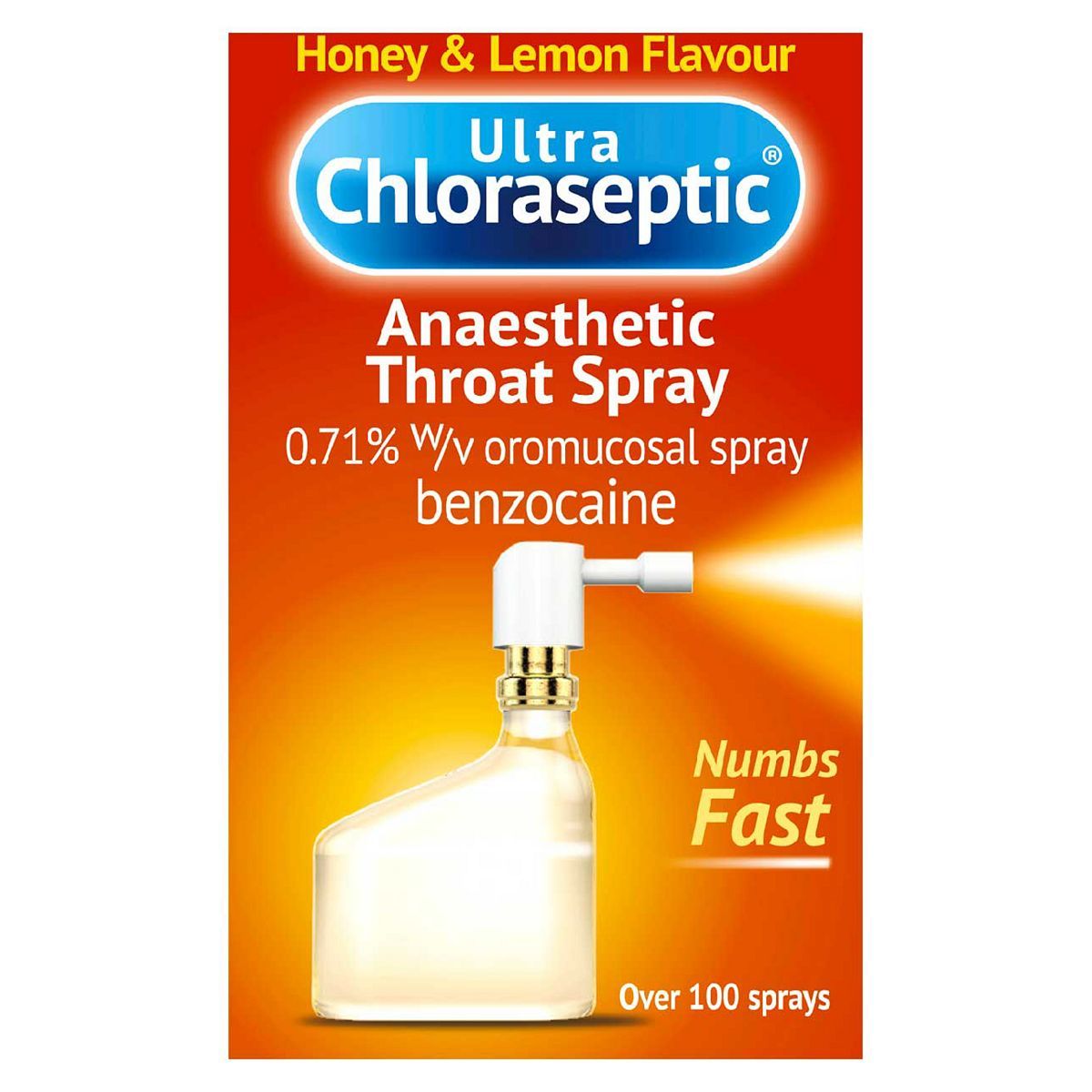 Honey &amp;amp; Lemon Flavour Ultra Chloraseptic Anaesthetic Throat Spray 0.71% w/v Oromucosal Spray (Benzocaine) - 15ml