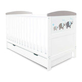 Ickle Bubba Coleby Style Cot Bed, Under Drawer and Sprung Mattress - Elephant Love Grey