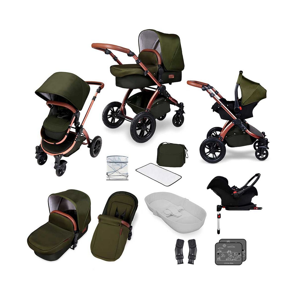 Ickle Bubba Stomp V4 travel system with galaxy car seat &amp;amp; isofix base bronze colour/woodland
