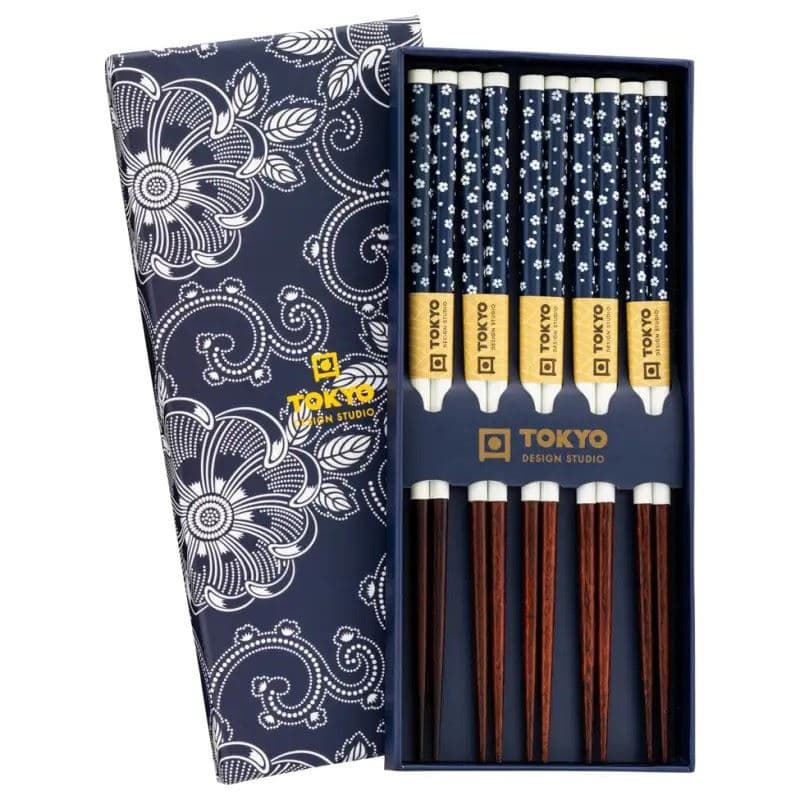 Tokyo Design Studio Wooden Chopsticks 5 Pairs Set (Blue & White Sakura)