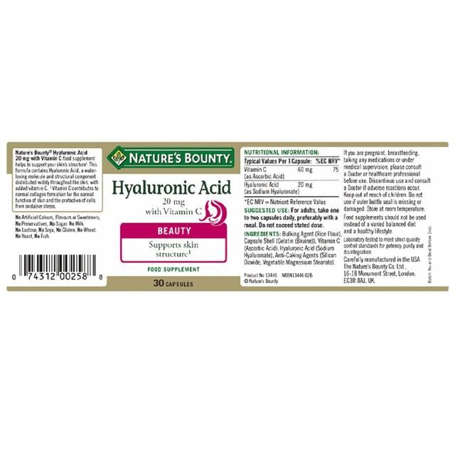 Nature's Bounty Hyaluronic Acid 20 mg with Vitamin C Capsules   30 per pack