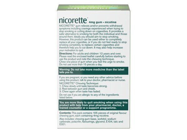Nicorette&amp;reg; Original 4mg Nicotine Gum 105s (Stop Smoking)