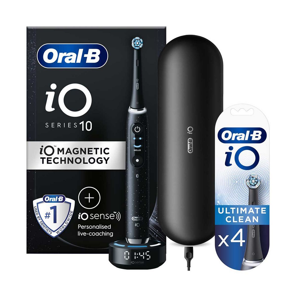 Oral-B iO10 Electric Toothbrush Cosmic Black + iO&amp;trade; Ultimate Clean Black Replacement Electric Toothbrush Heads 4 Pack Bundle
