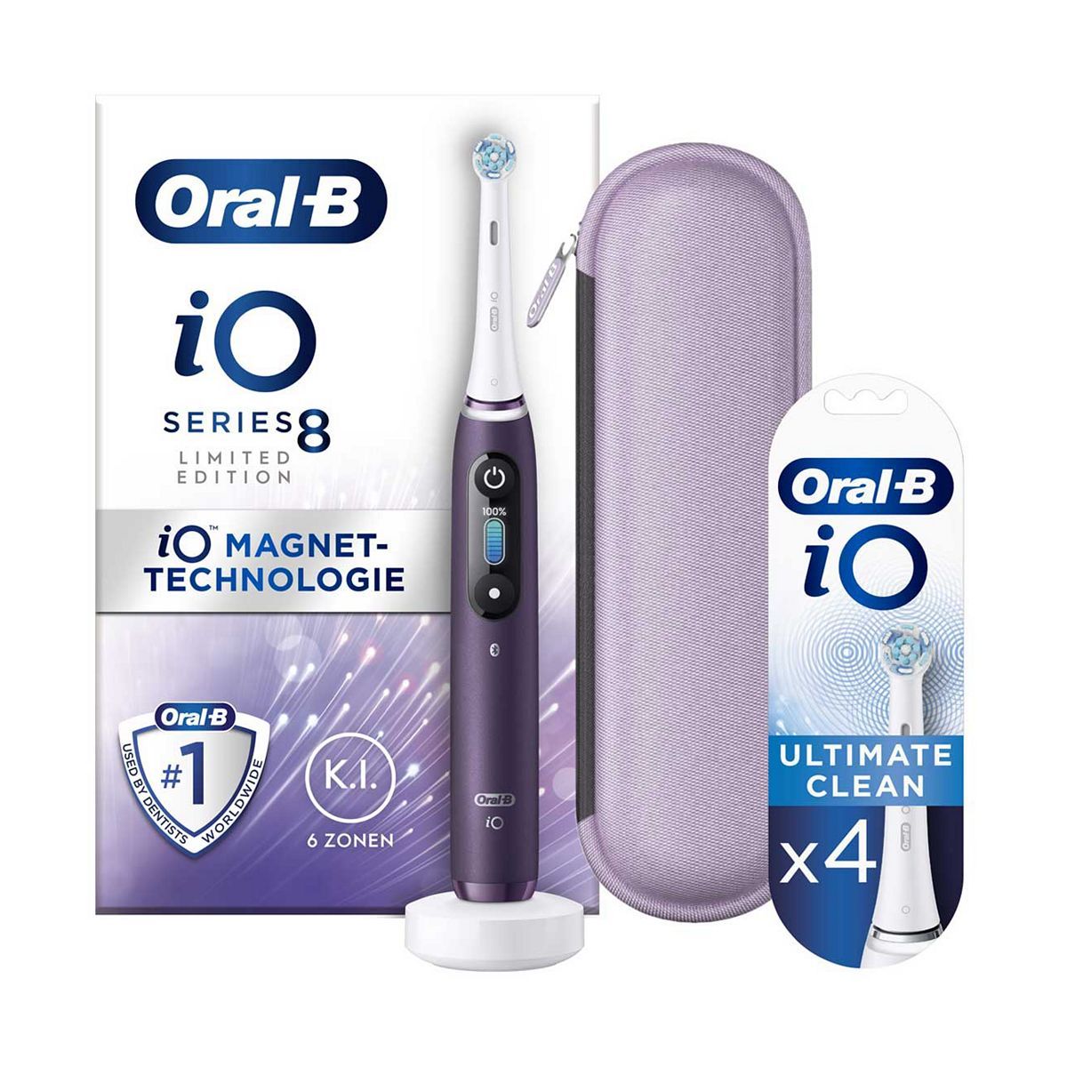 Oral-B iO8&amp;trade; Electric Toothbrush Violet + iO&amp;trade; Ultimate Clean White Replacement Electric Toothbrush Heads 4 Pack Bundle