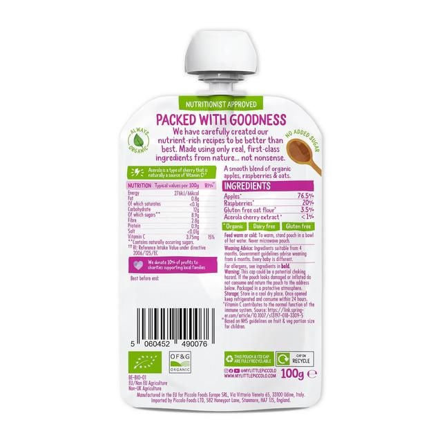 Piccolo Apple &amp;amp; Raspberry Organic Pouch 6 mths+   100g
