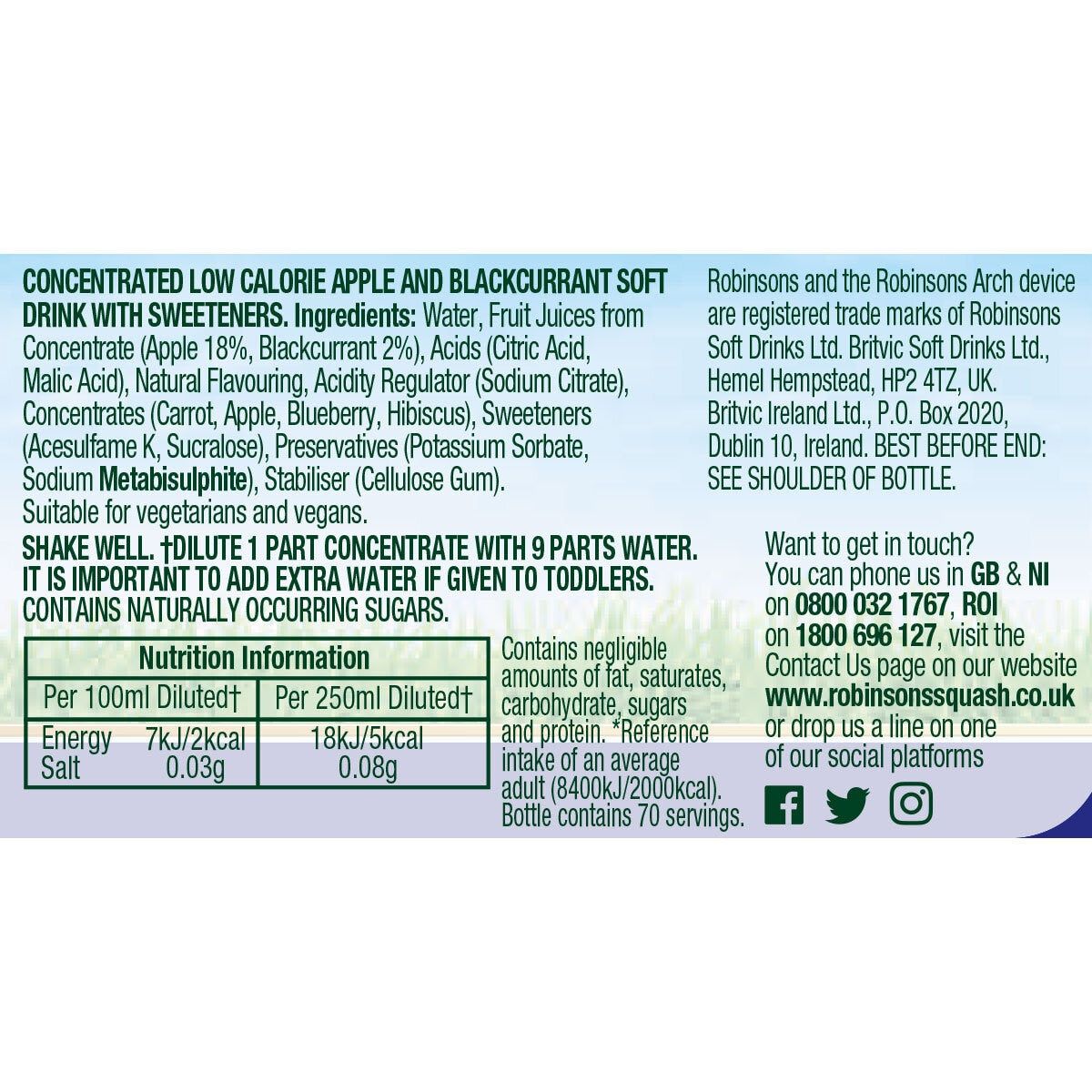 Robinsons Real Fruit Double Strength Apple &amp;amp; Blackcurrant Squash, 2 x 1.75L
