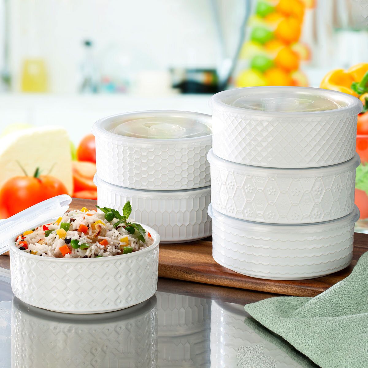 Signature Housewares Stoneware Bowls with Lids, 6 Pack in 2 Colours