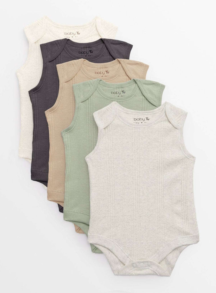 Plain Ribbed Sleeveless Bodysuits 5 Pack 9-12 months