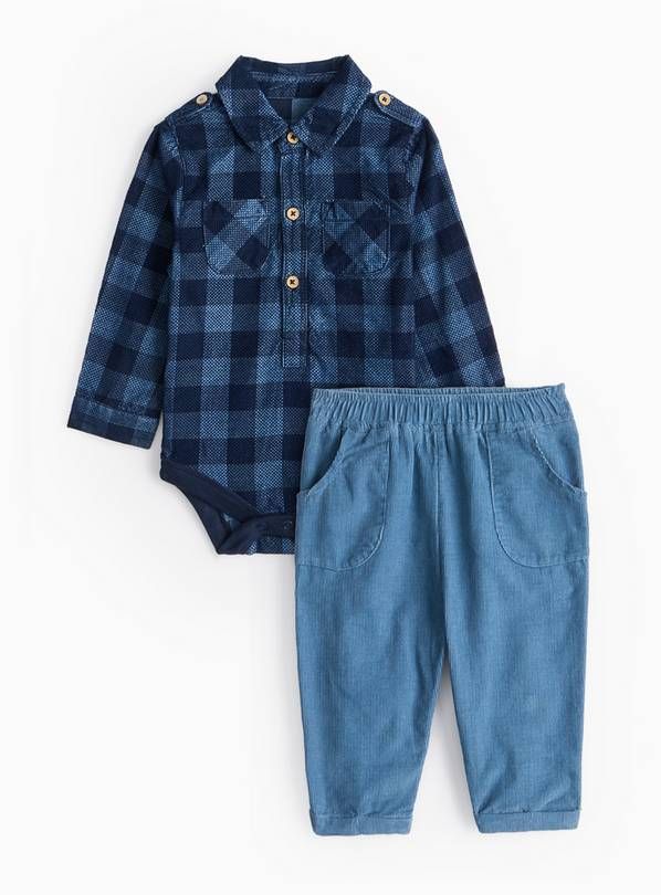 Navy Check Bodysuit & Cord Trousers Set 9-12 months