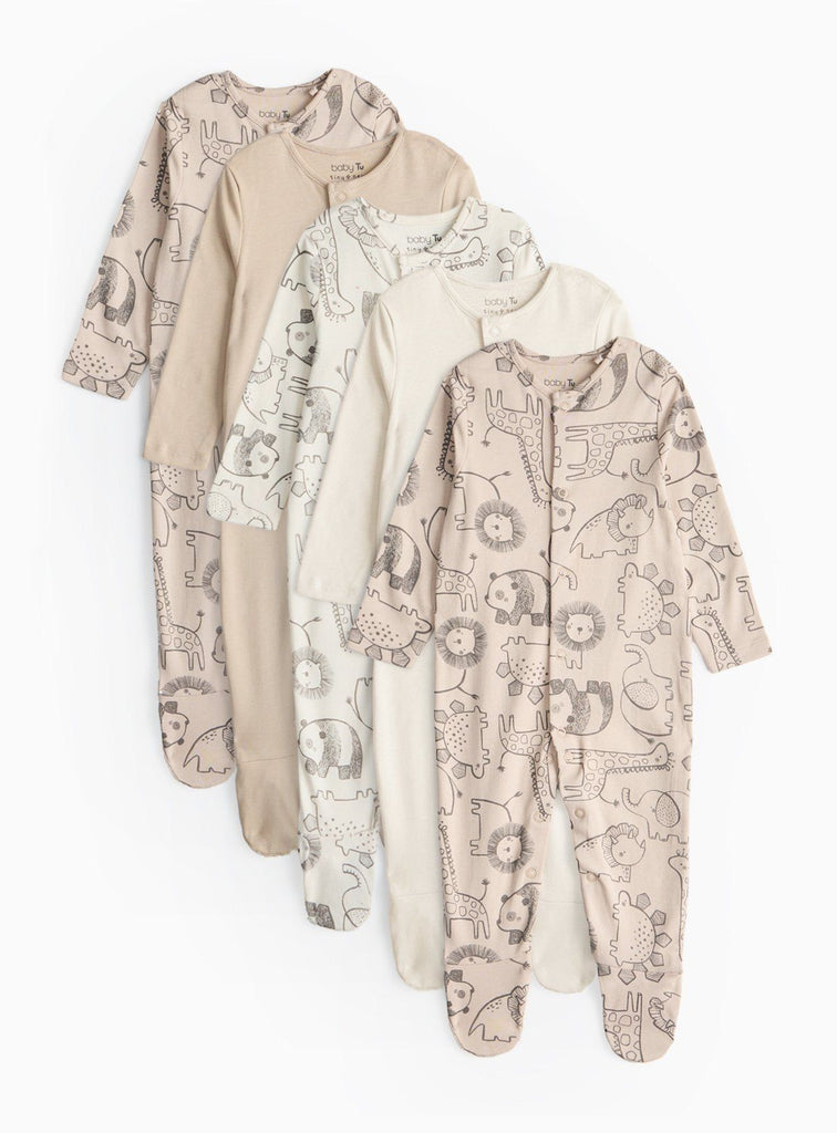 Neutral Safari Print Long Sleeve Sleepsuits 5 Pack Up to 3 mths