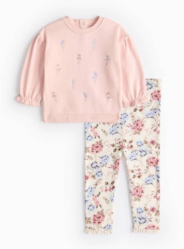 Pink Floral Embroidered Sweatshirt & Leggings Set 9-12 months