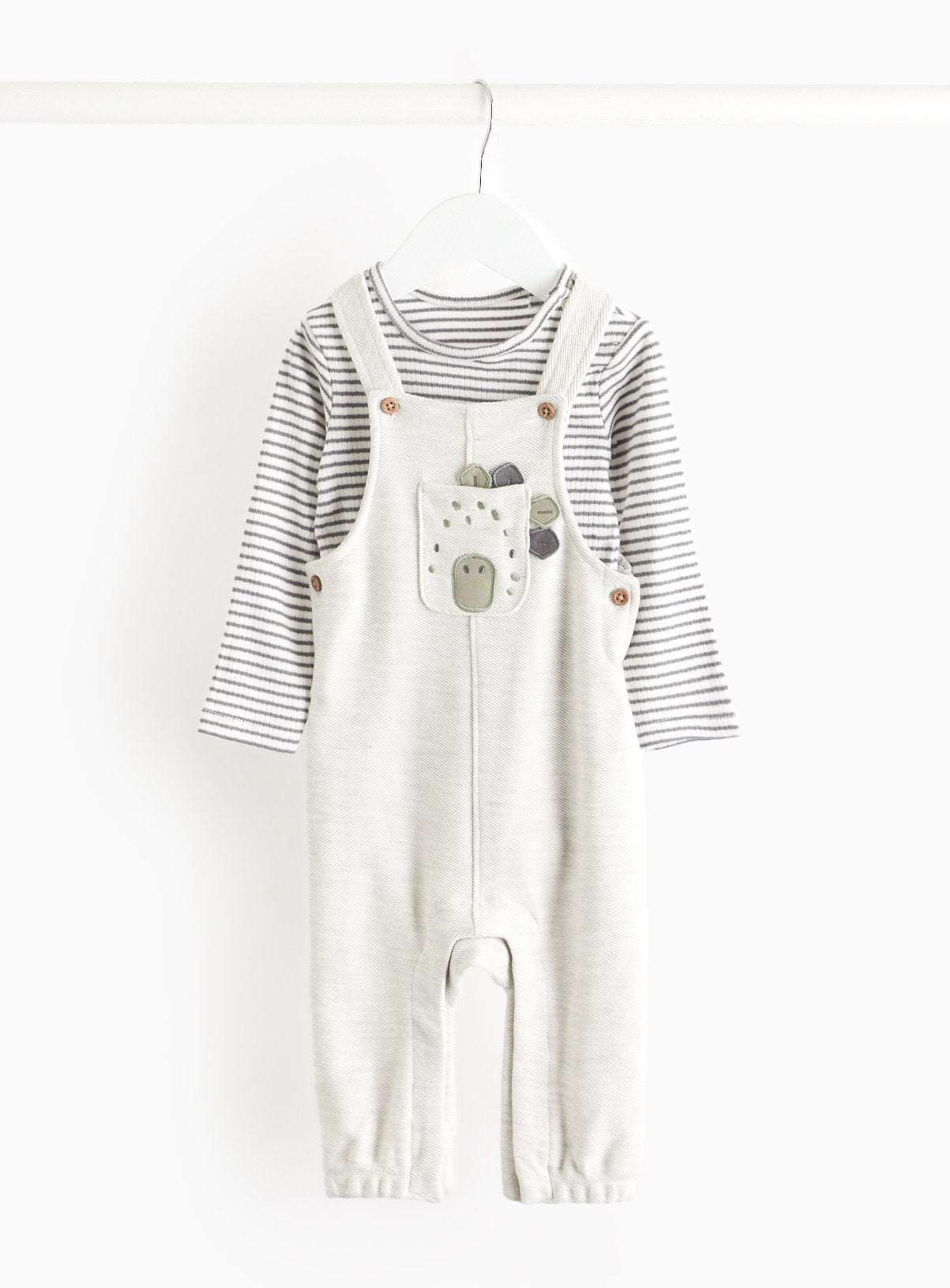 Stripe Bodysuit & Grey Dinosaur Dungarees Set 12-18 months GOODS Argos