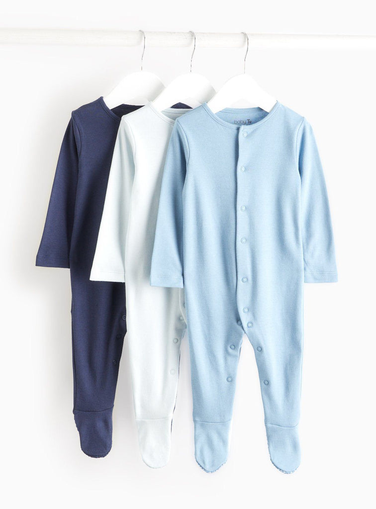 Plain Blue Long Sleeve Sleepsuits 3 Pack 6-9 months