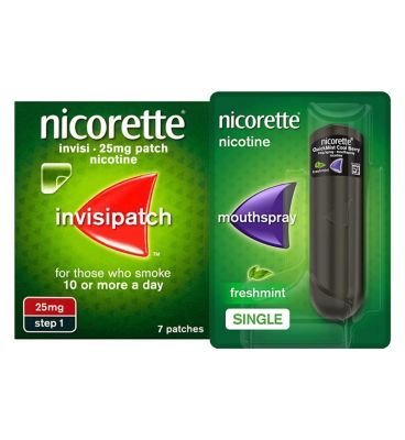 Nicorette Starter Bundle: Nicorette Invisi 25mg Patch 7 & QuickMist 1mg/spray Mouthspray Freshmint 150 sprays General Health & Remedies Boots   