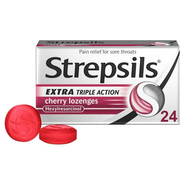 Strepsils Extra Triple Action Cherry Sore Throat Cough Lozenges x24