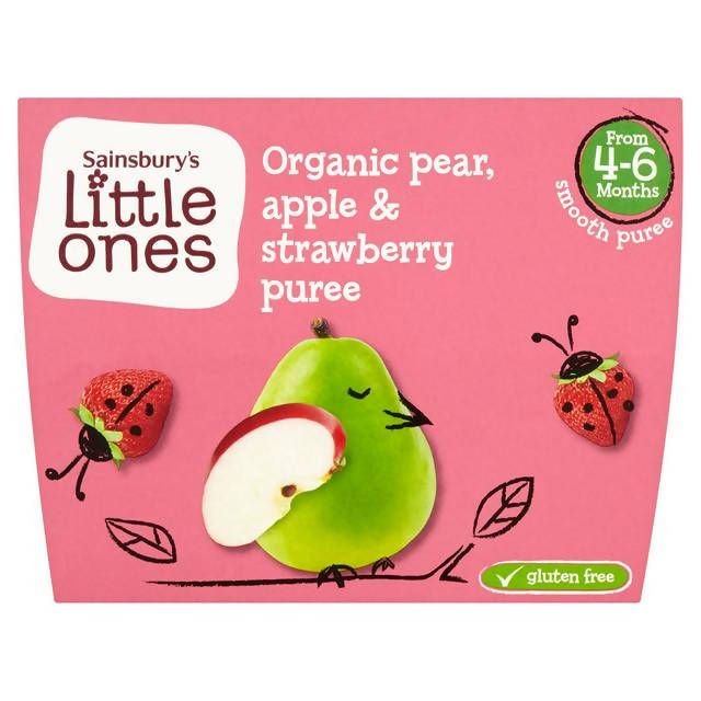 Sainsbury's Little Ones Organic Pear, Apple & Strawberry Puree 4+ Months 4 x 100g (400g) baby meals Sainsburys   