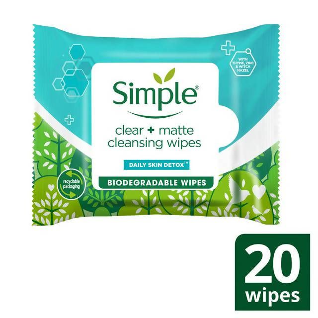 Simple Daily Skin Detox Matte Biodegradable Facial Cleansing Make Up Remover Wipes x20