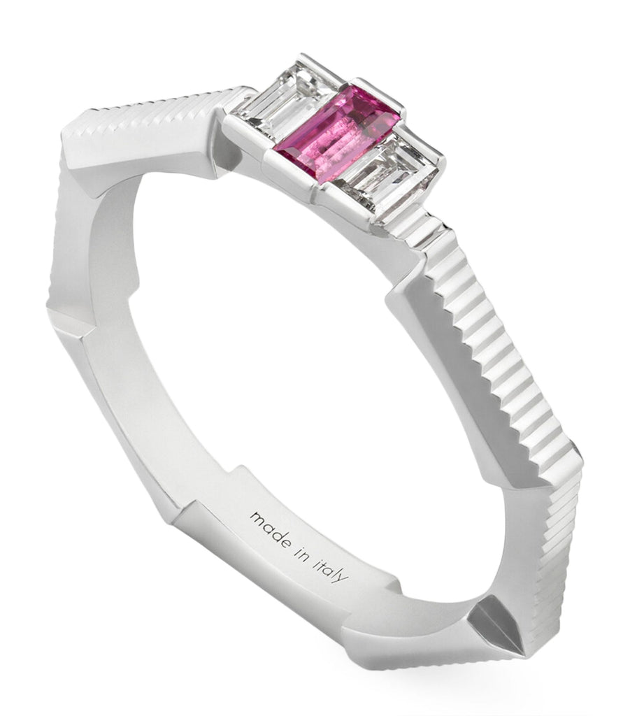 White Gold, Diamond and Rubellite Link to Love Ring