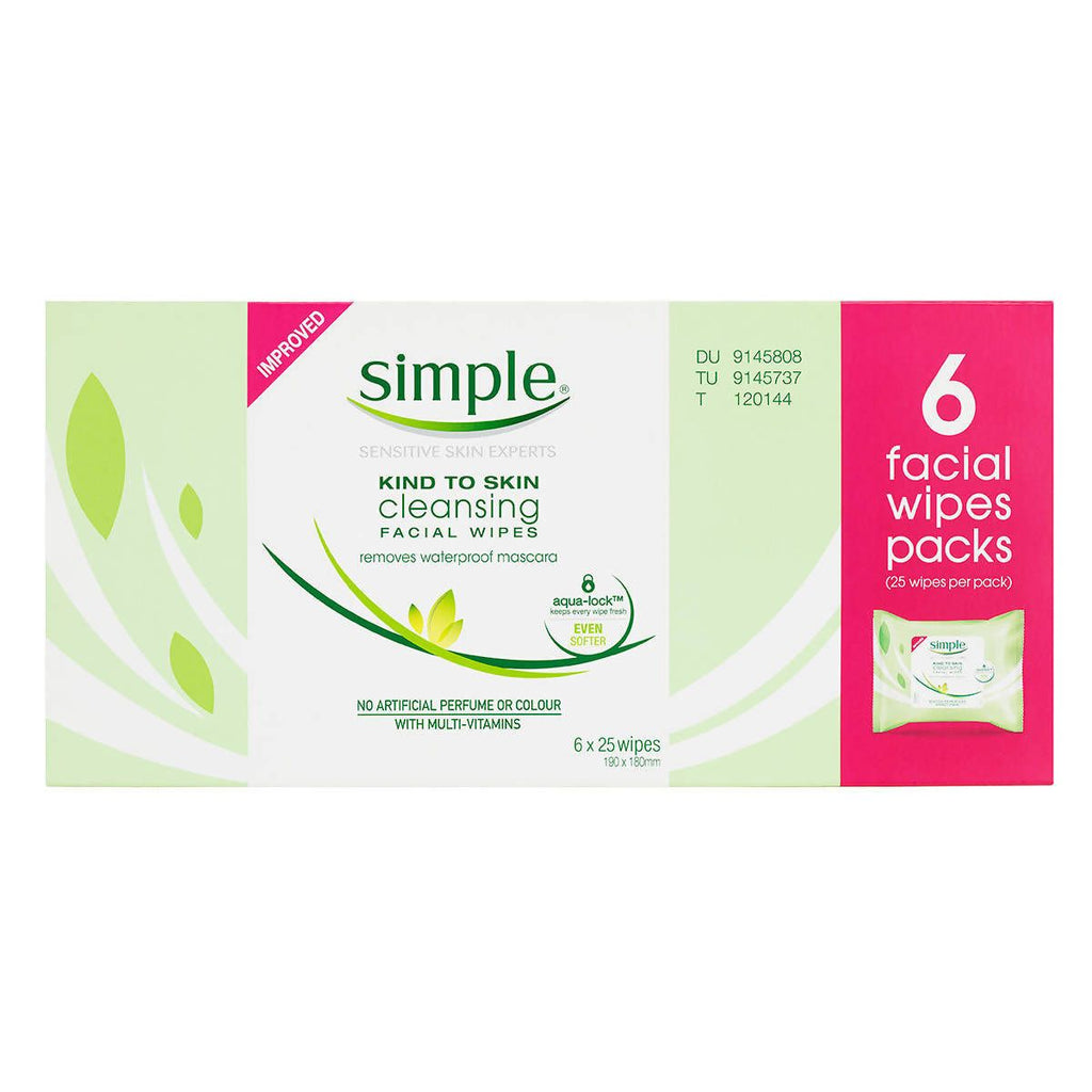 Simple Cleansing Facial Wipes, 6 x 25 Pack