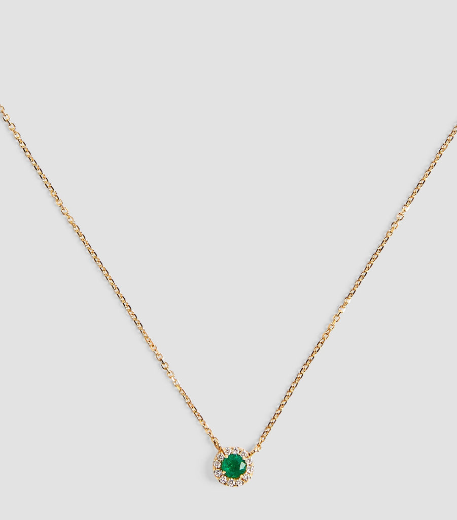 Yellow Gold, Diamond and Emerald Classic Round Pendant Necklace