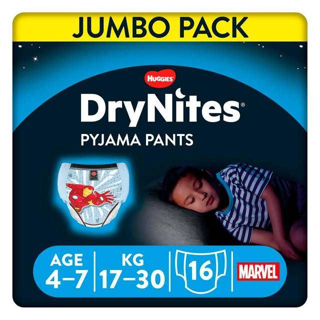 Huggies DryNites Boys Pyjama Pants for Bedwetting, Age 4-7 Years, Jumbo Pack 16 Pants